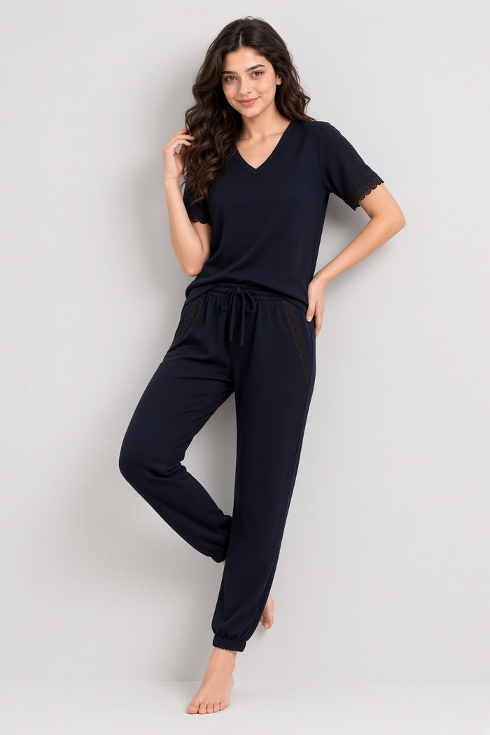 Women Nightwear Set Midnight Navy Blue Mesh Lace Jogger Style Pajama Set