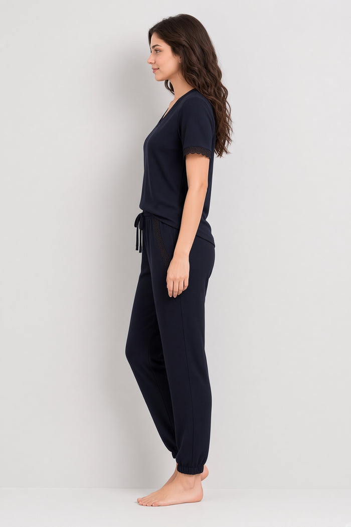 Women Nightwear Set Midnight Navy Blue Mesh Lace Jogger Style Pajama Set