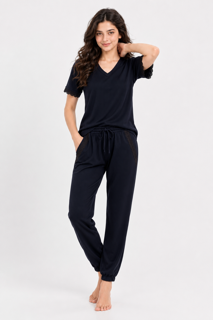 Women Nightwear Set Midnight Navy Blue Mesh Lace Jogger Style Pajama Set