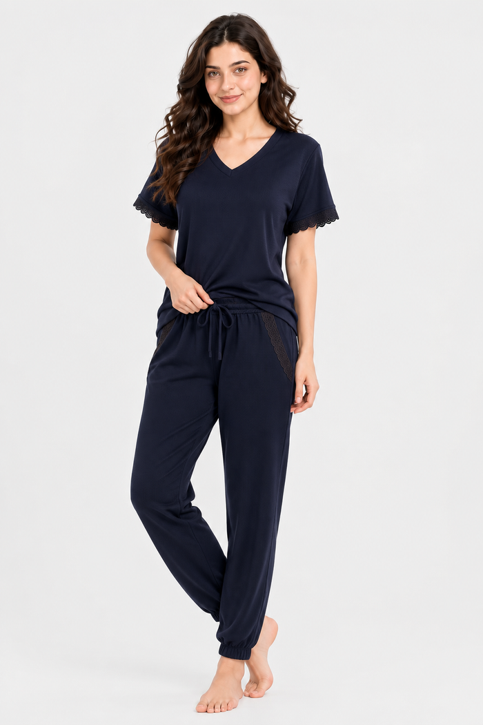 Women Nightwear Set Midnight Navy Blue Mesh Lace Jogger Style Pajama Set