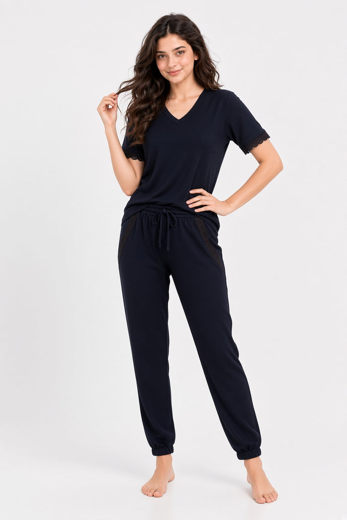 Women Nightwear Set Midnight Navy Blue Mesh Lace Jogger Style Pajama Set