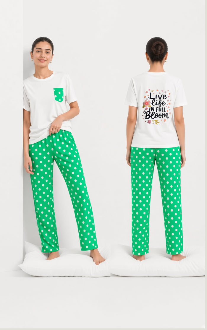 Women White Printed T-Shirt & Green Polka Dot Trouser Set