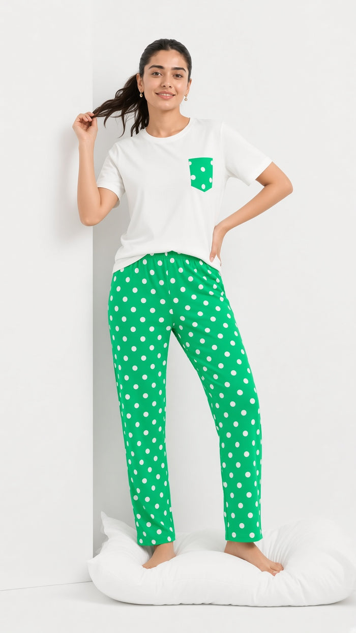 Women White Printed T-Shirt & Green Polka Dot Trouser Set