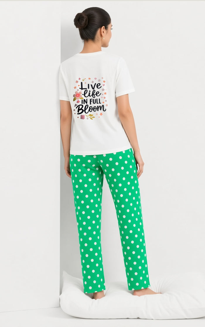 Women White Printed T-Shirt & Green Polka Dot Trouser Set