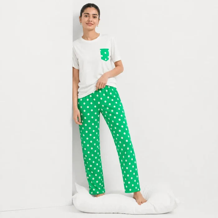 Women's White & Green Jersey Cotton Polka Dot T-Shirt & Pajama Set