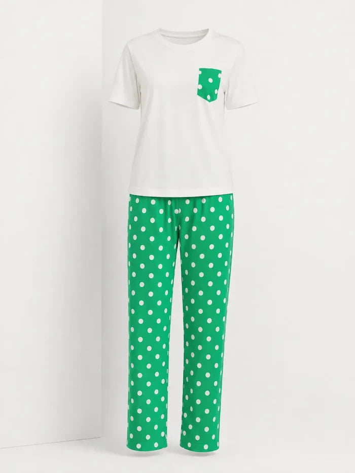 Women's White & Green Jersey Cotton Polka Dot T-Shirt & Pajama Set