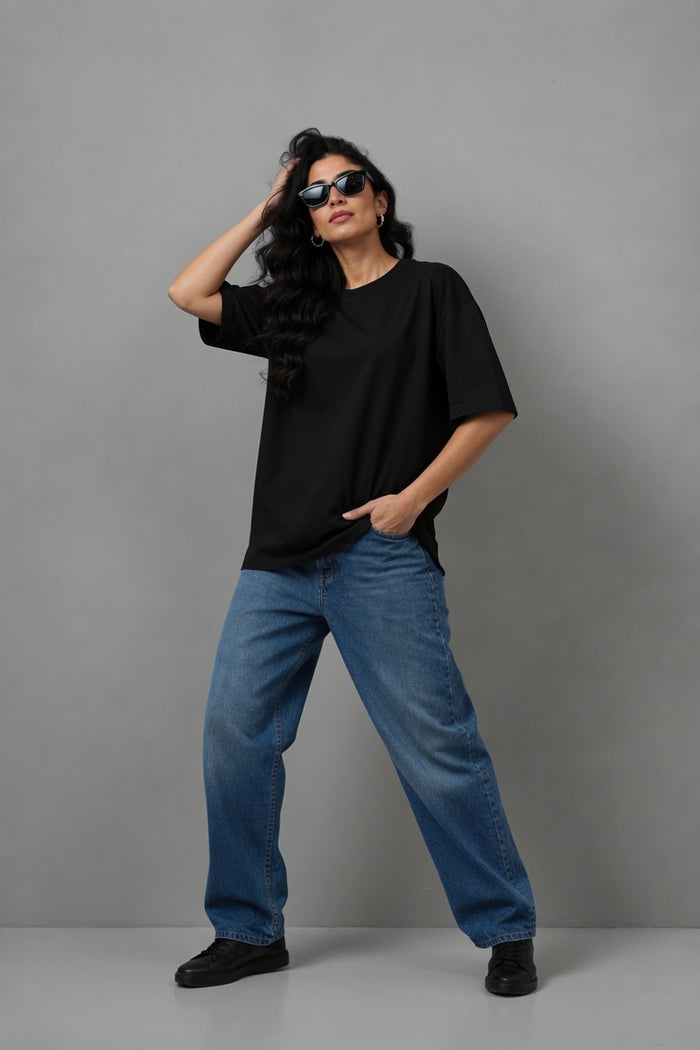 Women's Black Oversized Poly Cotton T-Shirt  Relaxed Fit
