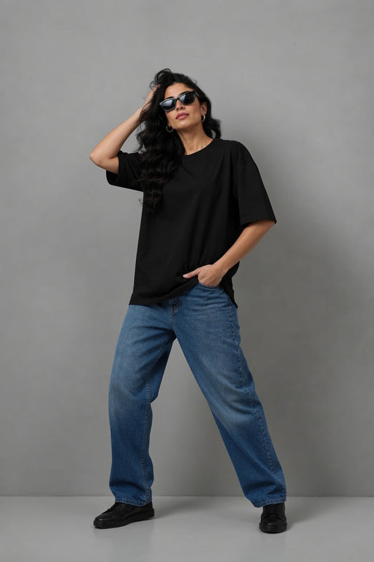 Women's Black Oversized Poly Cotton T-Shirt  Relaxed Fit