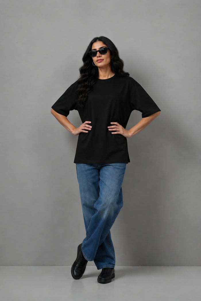 Women's Black Oversized Poly Cotton T-Shirt  Relaxed Fit - Hinz Clothing