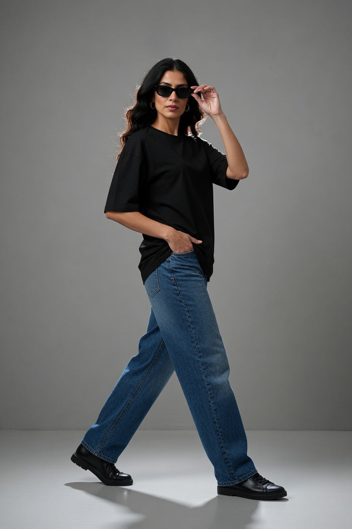 Women's Black Oversized Poly Cotton T-Shirt  Relaxed Fit - Hinz Clothing