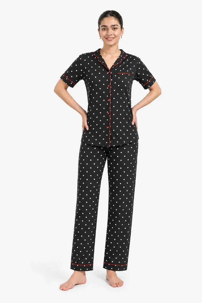 Women's Black Polka Dot Jersey Cotton Soft Button-Down Pajama Set