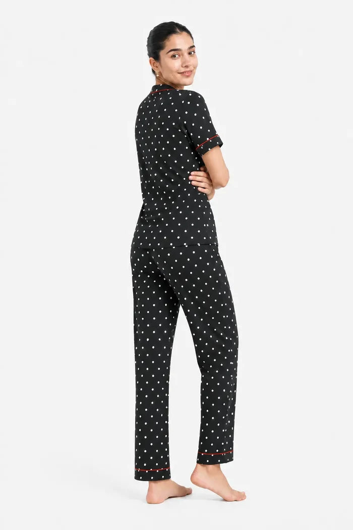 Women's Black Polka Dot Jersey Cotton Soft Button-Down Pajama Set