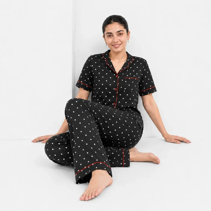 Women's Black Polka Dot Jersey Cotton Soft Button-Down Pajama Set