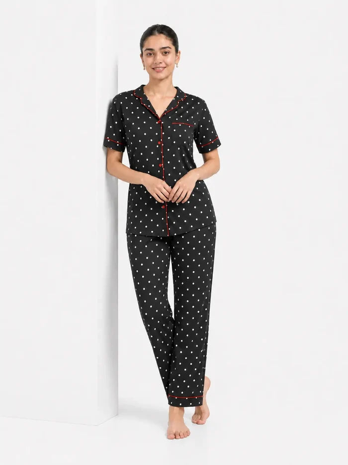 Women's Black Polka Dot Jersey Cotton Soft Button-Down Pajama Set
