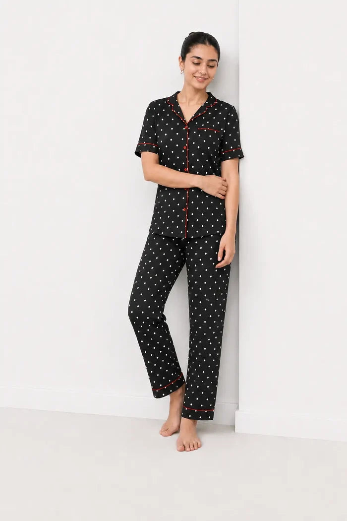 Women's Black Polka Dot Jersey Cotton Soft Button-Down Pajama Set