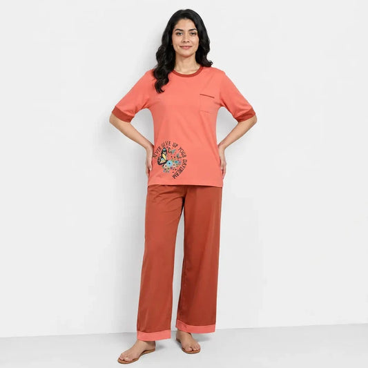 Women's Coral Pink Jersey Cotton Graphic T-Shirt & Rust Brown Trouser Night Suit