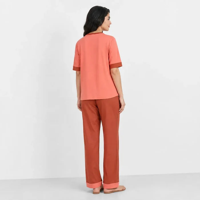 Women's Coral Pink Jersey Cotton Graphic T-Shirt & Rust Brown Trouser Night Suit