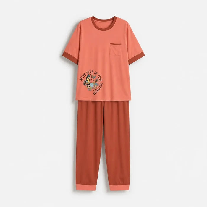Women's Coral Pink Jersey Cotton Graphic T-Shirt & Rust Brown Trouser Night Suit