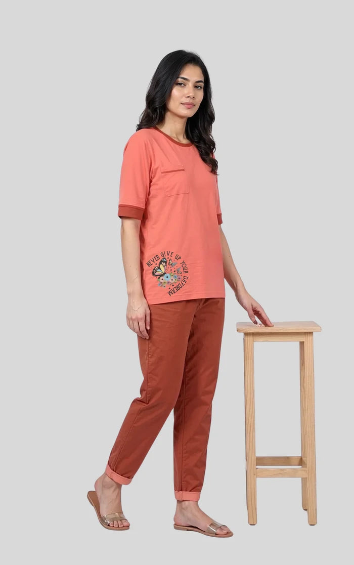 Women's Coral Pink Jersey Cotton Graphic T-Shirt & Rust Brown Trouser Night Suit