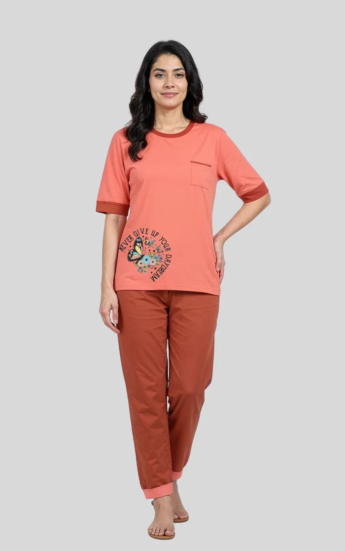 Women's Coral Pink Jersey Cotton Graphic T-Shirt & Rust Brown Trouser Night Suit