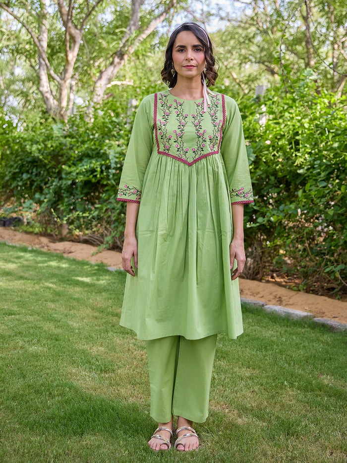 Women's Cotton Floral Embroidered Kurta Set