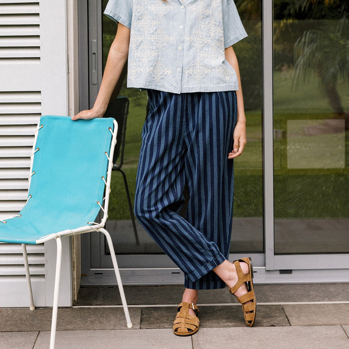 Women's Cotton/Hemp Baggy Trousers - Indigo Stripe
