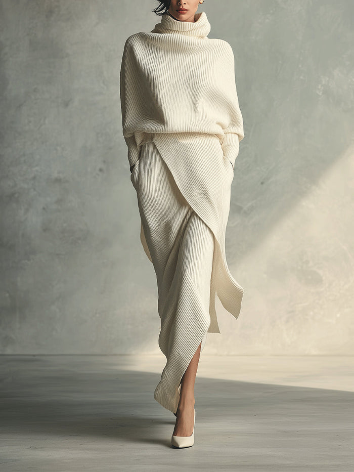 Women's Cream Elegant Rib - Knit Cowl Neck Wrap Skirt Set
