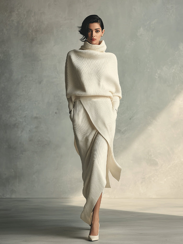 Women's Cream Elegant Rib - Knit Cowl Neck Wrap Skirt Set
