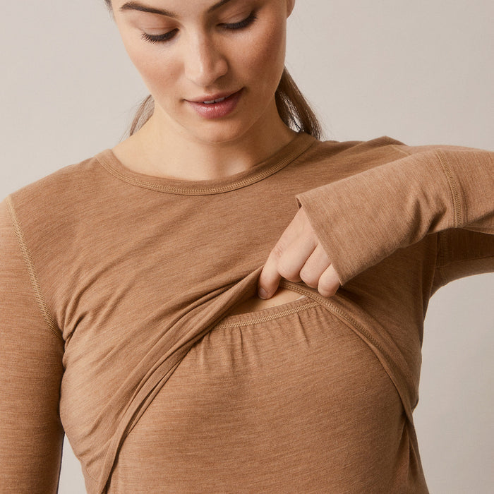 Women's Merino Wool Breastfeeding Top - Brown Melange