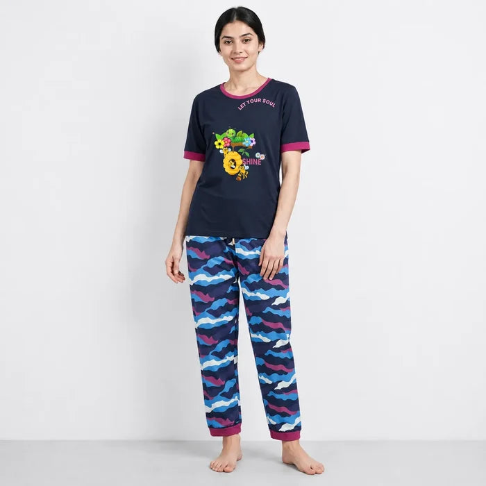 Women's Navy Blue Jersey Cotton GraphicWomen's Navy Blue Jersey Cotton Graphic T-Shirt &  Camouflage Printed Trouser Night Suit T-Shirt &  Camouflage Printed Trouser Night Suit