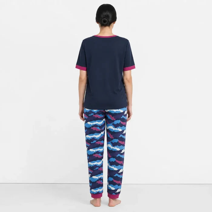 Women's Navy Blue Jersey Cotton GraphicWomen's Navy Blue Jersey Cotton Graphic T-Shirt &  Camouflage Printed Trouser Night Suit T-Shirt &  Camouflage Printed Trouser Night Suit