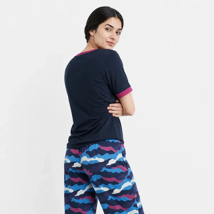 Women's Navy Blue Jersey Cotton GraphicWomen's Navy Blue Jersey Cotton Graphic T-Shirt &  Camouflage Printed Trouser Night Suit T-Shirt &  Camouflage Printed Trouser Night Suit