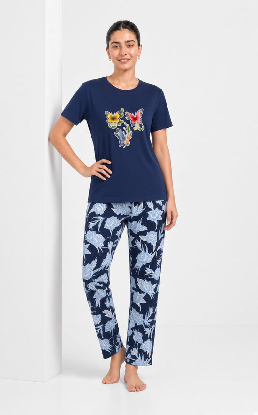 Women Navy Printed Multi Butterfly T-Shirt & Floral Trouser Set