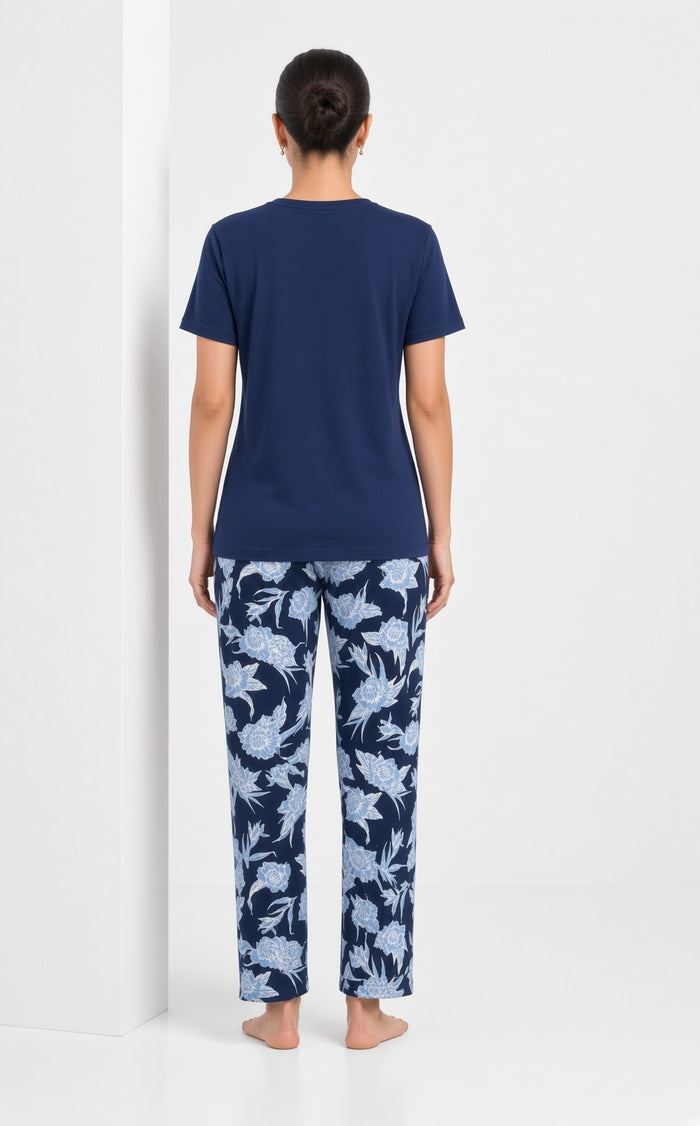 Woman's's Navy Printed Multi Butterfly T-Shirt & Floral Trouser Se