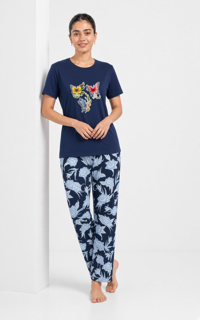 Woman's's Navy Printed Multi Butterfly T-Shirt & Floral Trouser Se