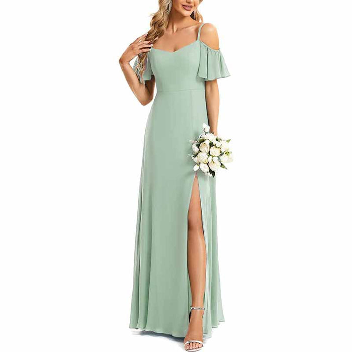 Women's Off Shoulder Short Sleeve Split A-Line Floor Length Bridesmaid Dresses