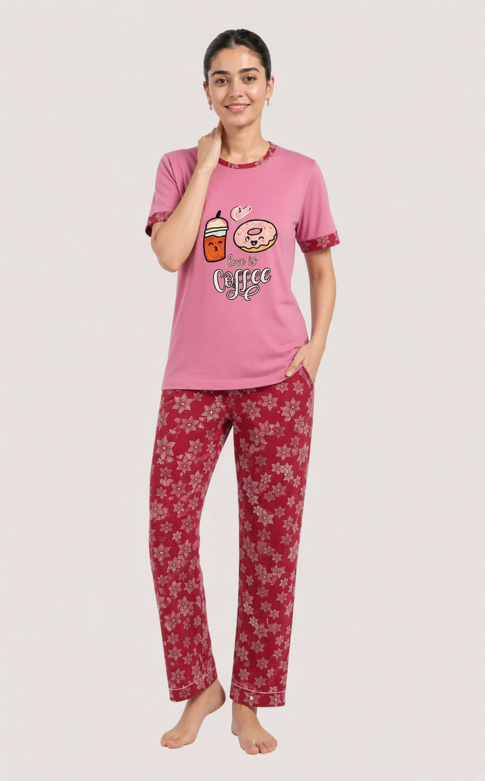 Women’s Pink & Maroon Coffee Print Single Jersey Cotton Pajama Set