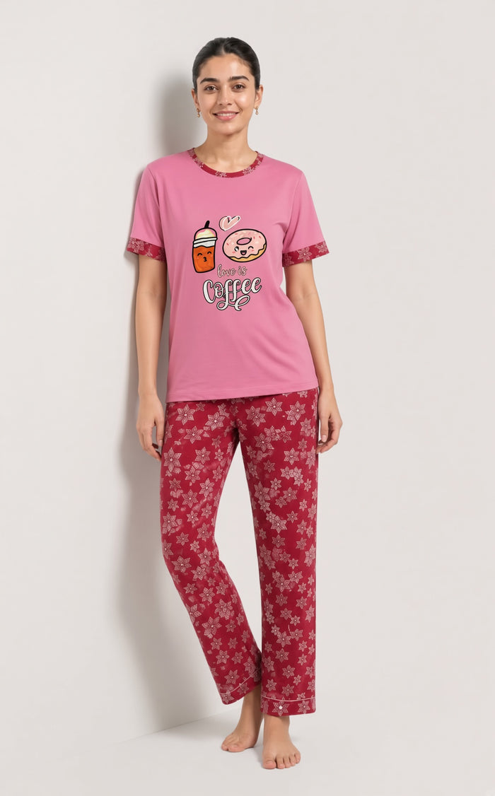 Women’s Pink & Maroon Coffee Print Single Jersey Cotton Pajama Set