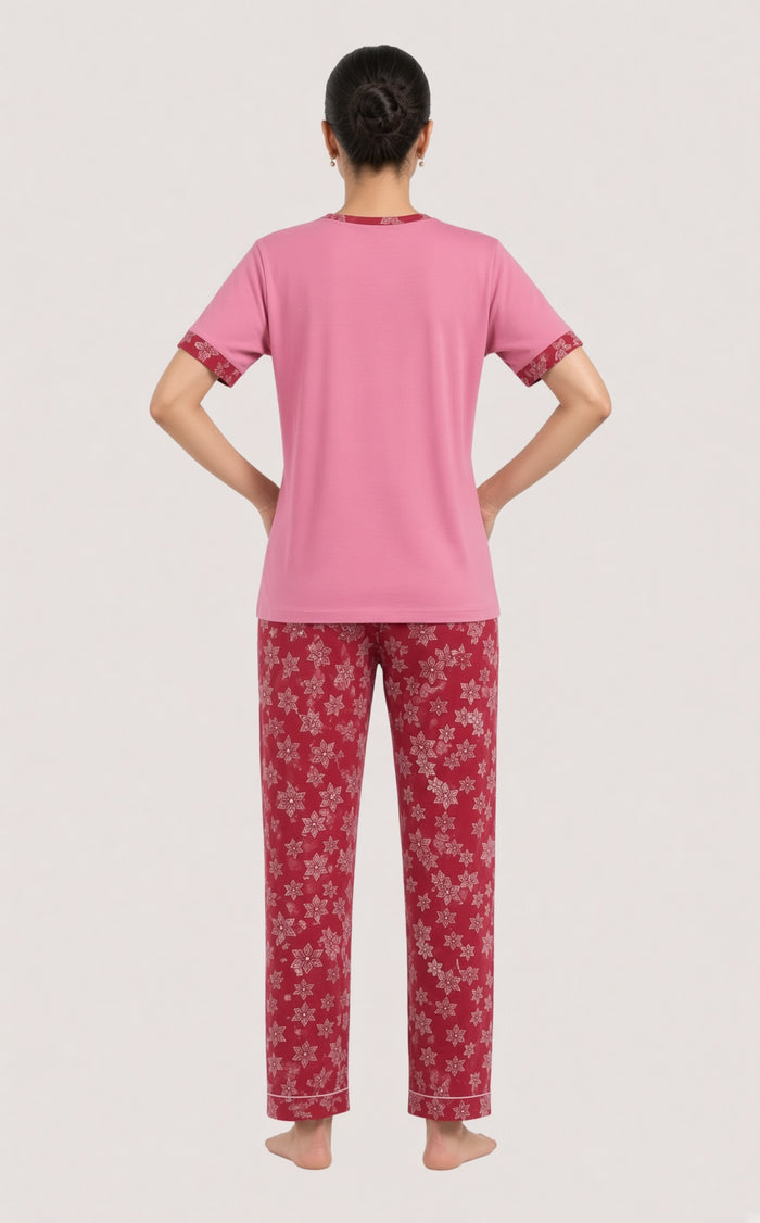 Women’s Pink & Maroon Coffee Print Single Jersey Cotton Pajama Set