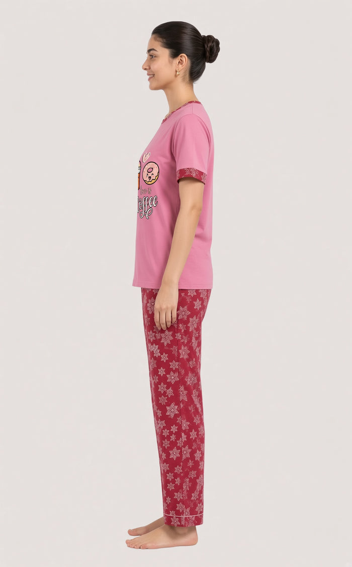 Women’s Pink & Maroon Coffee Print Single Jersey Cotton Pajama Set