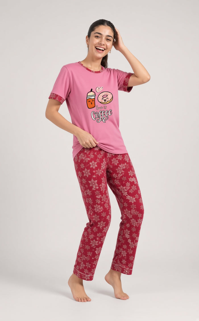 Women’s Pink & Maroon Coffee Print Single Jersey Cotton Pajama Set