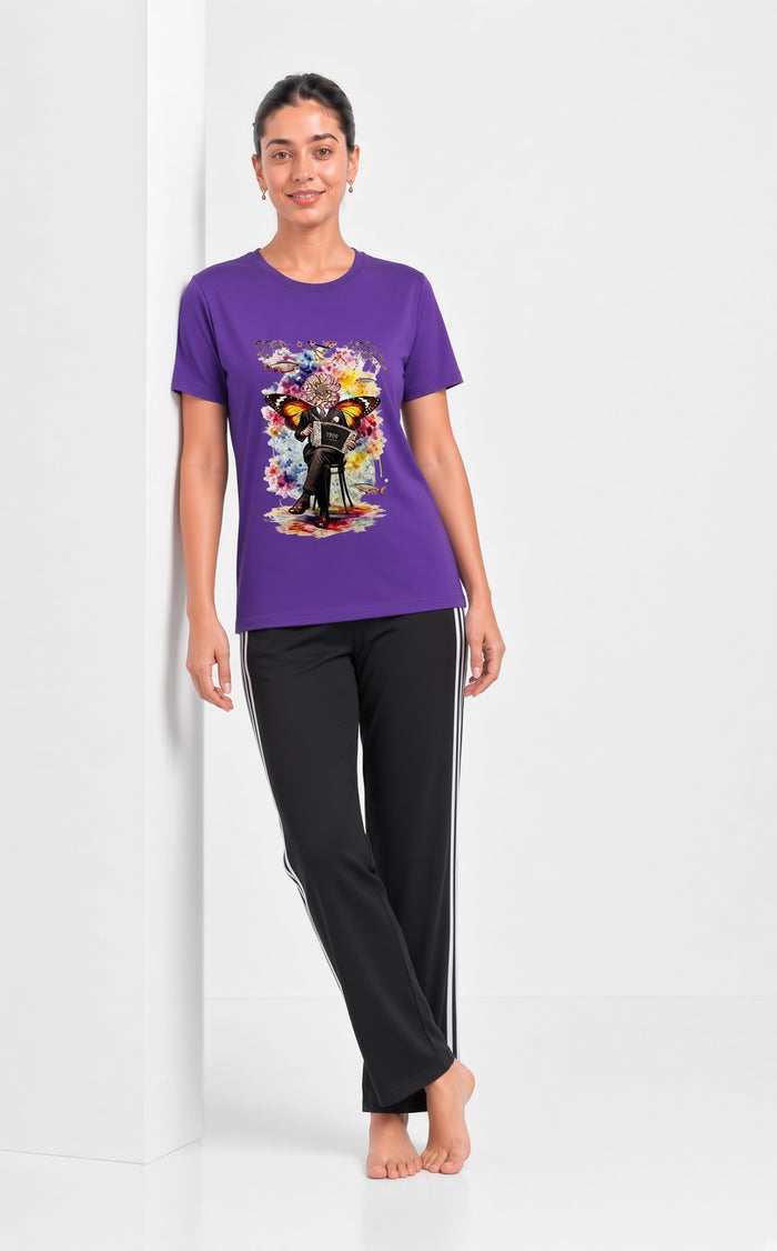 Women Purple Printed T-Shirt & Black Stripe Trouser Set