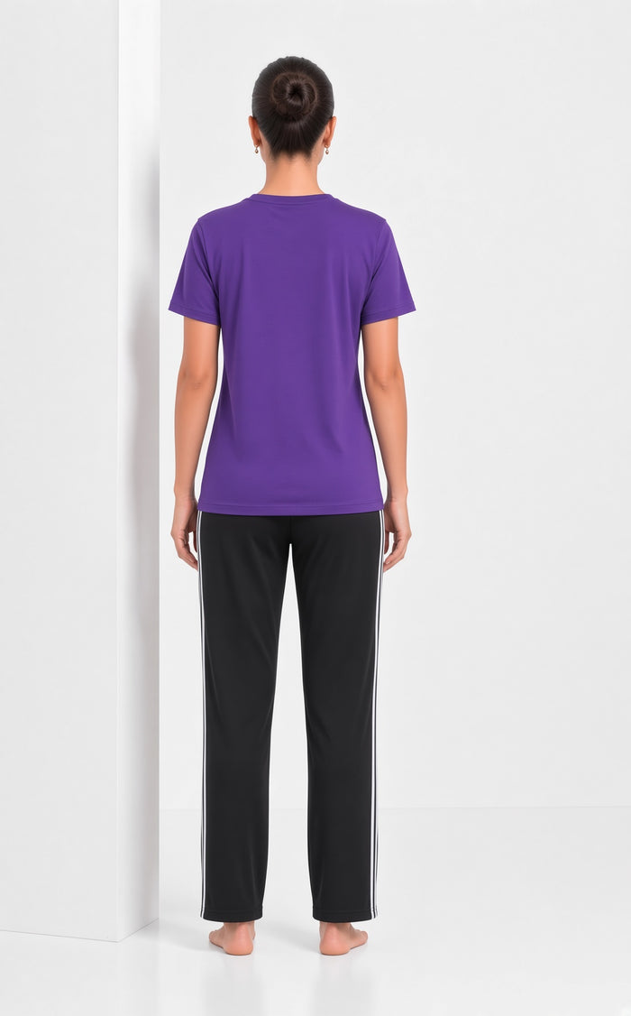 Women's Purple Printed T-Shirt & Black Stripe Trouser Set