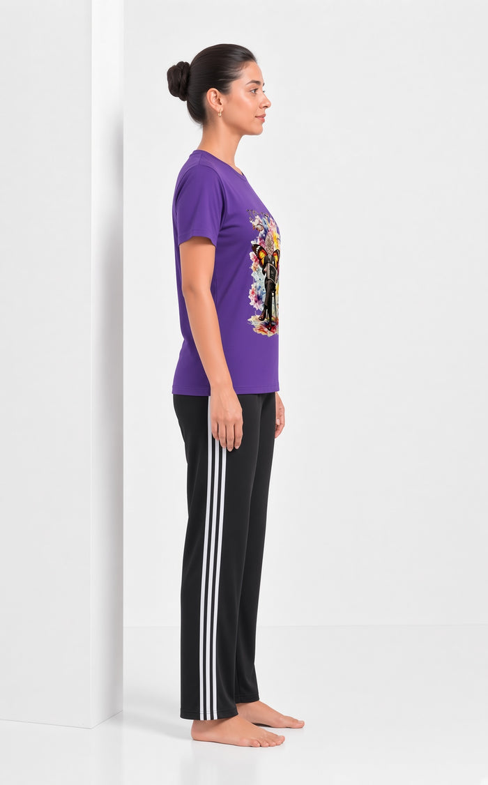 Women's Purple Printed T-Shirt & Black Stripe Trouser Set