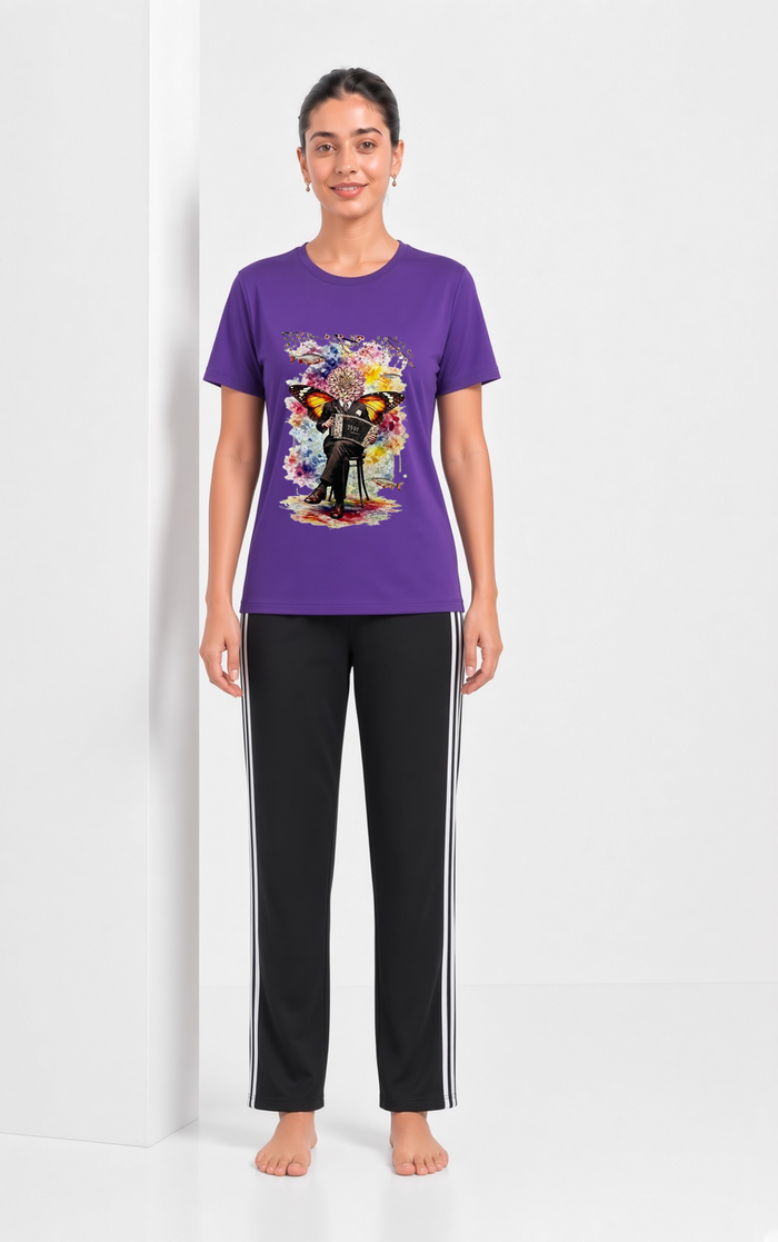 Women's Purple Printed T-Shirt & Black Stripe Trouser Set