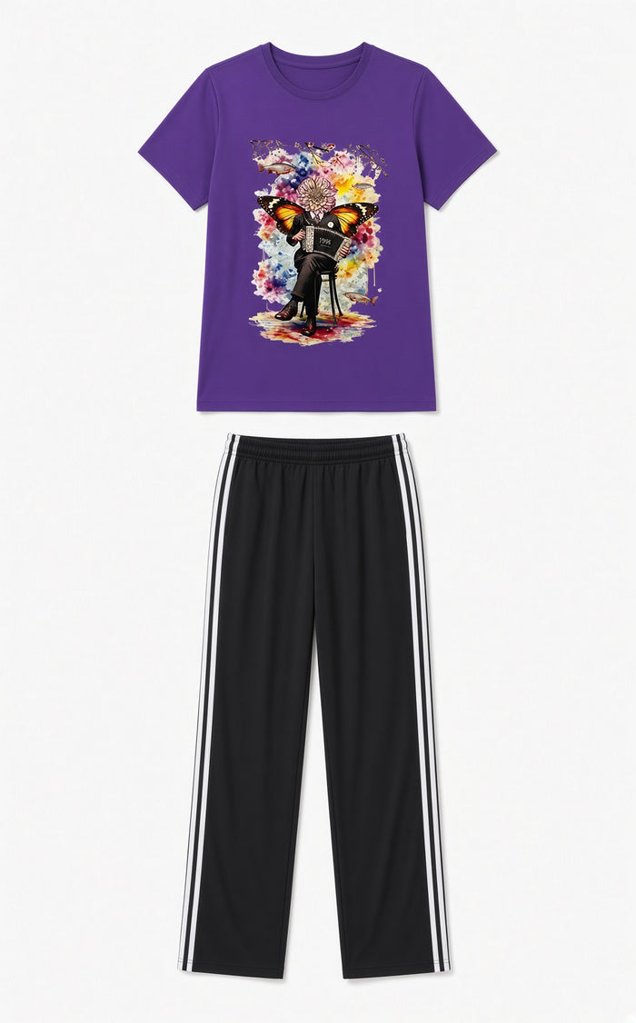 Women's Purple Printed T-Shirt & Black Stripe Trouser Set