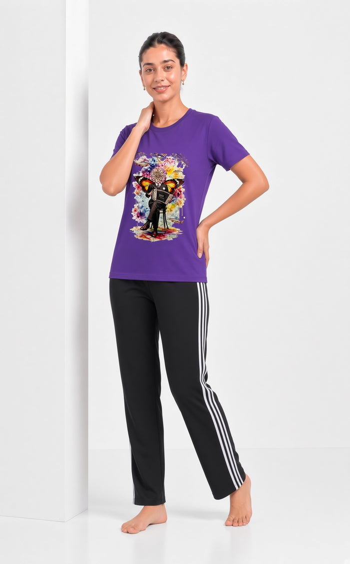 Women's Purple Printed T-Shirt & Black Stripe Trouser Set