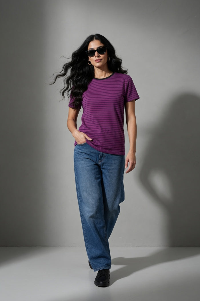 Women's Purple Striped Jersey Cotton Shirt  Regular Fit