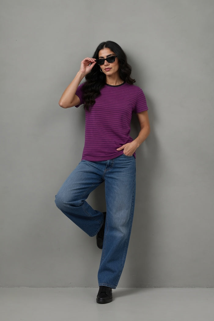 Women's Purple Striped Jersey Cotton Shirt  Regular Fit