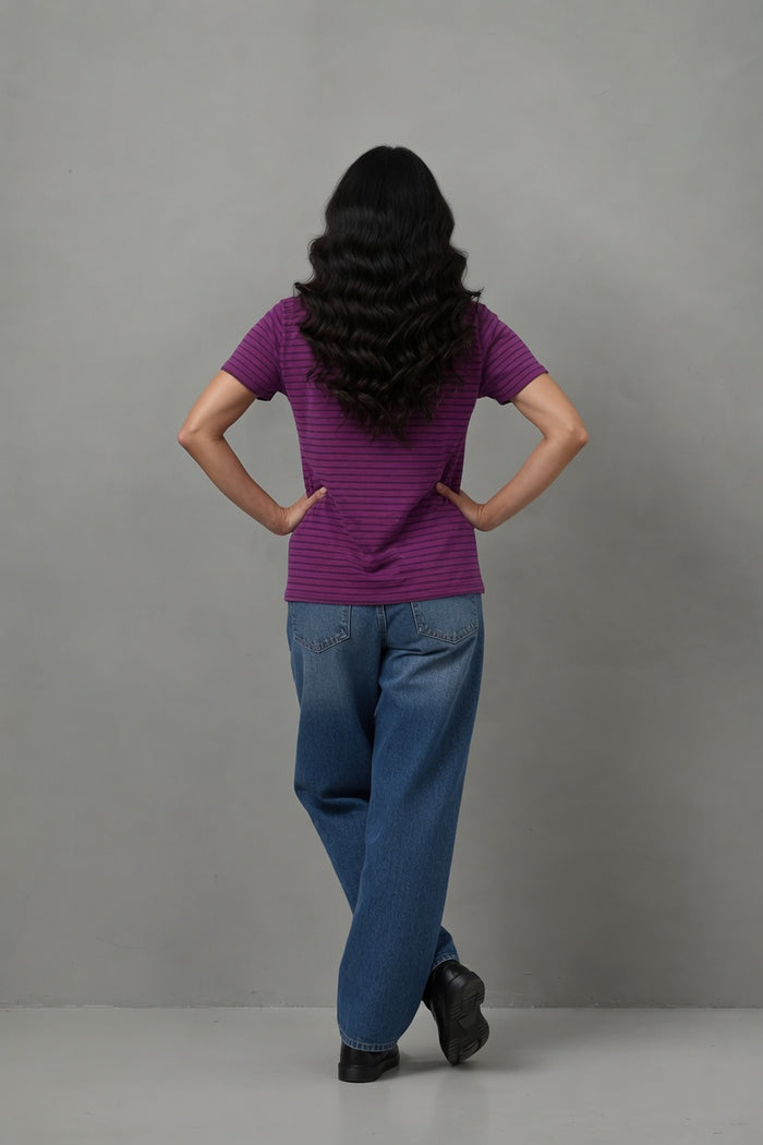 Women's Purple Striped Jersey Cotton Shirt  Regular Fit